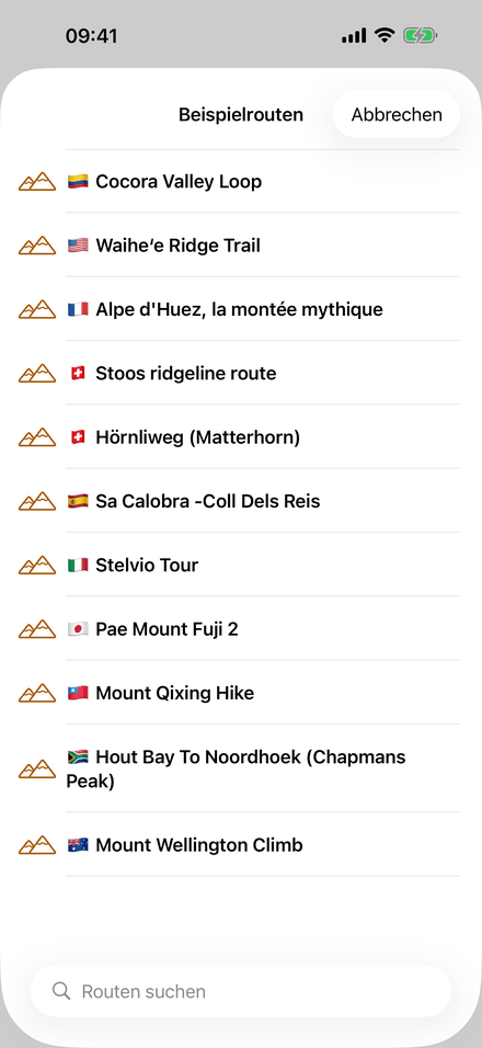 Eleven example routes on five continents, for trying the app without a file of your own. (German)
