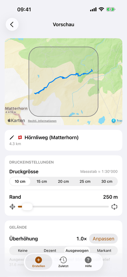 The route on the map with the print area around it: print size, terrain padding and vertical exaggeration. (German)