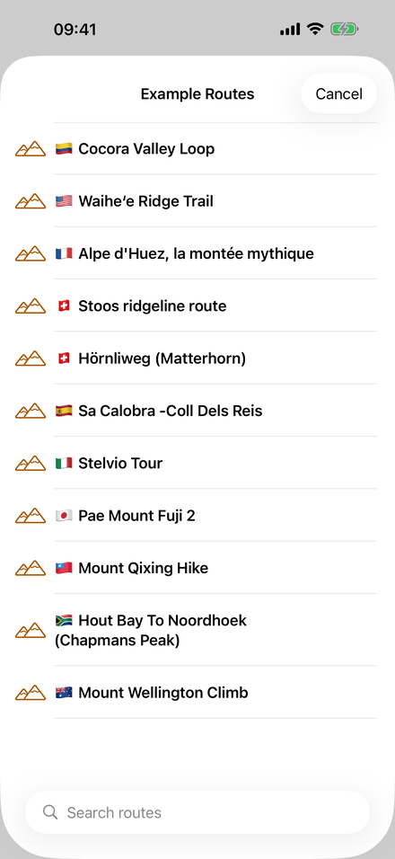Eleven example routes on five continents, for trying the app without a file of your own. (English)