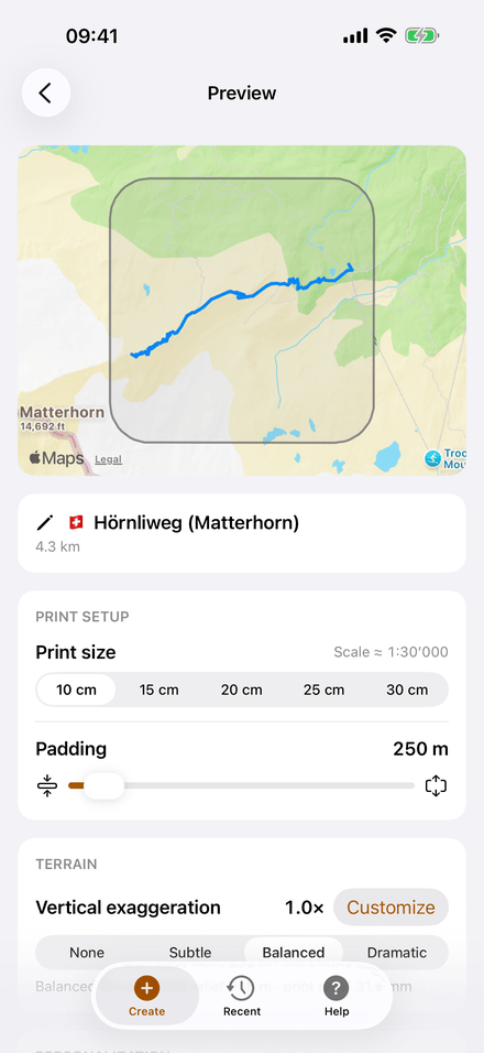 The route on the map with the print area around it: print size, terrain padding and vertical exaggeration. (English)